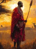 Maasai krijger in savanne bij zonsondergang