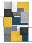 Abstract schilderij met rasterpatroon in goud en petrol