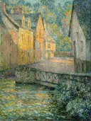 Matin doré 1920 van Henri Le Sidaner: landschap met dorp, huizen, water en brug, in blauw en goudgeel