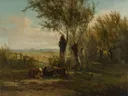 Meadow near Oosterbeek van Gerard Bilders: landschap met weiland, wilgen, koeien en water, in warm groen en oker