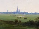 Meadows near Greifswald van Caspar David Friedrich: landschap met weide, stad, torens en paarden, in groen met grijsblauw