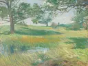 (Meadows113628) van Childe Hassam: landschap met weide, bomen, gras en zomer, in fris groen en geel