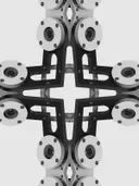 3D-render van een symmetrische mechanische kruisvorm in zwart-wit.