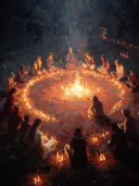 Schilderij van een meditatiekring bij kaarslicht