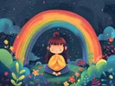 Schilderij van een mediterend meisje onder een regenboog tussen bloemen