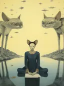 Surrealistische afbeelding van een mediterende vrouw met kattenoren tussen twee grote katten.