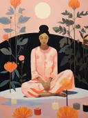 Illustratie van een mediterende vrouw omringd door kaarsen en oranje bloemen.