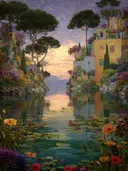 Mediterraan dorp met kleurrijke huizen en pijnbomen rond een lagune bij zonsondergang