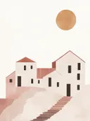 Minimalistisch landschap van een mediterraan dorpje met zon