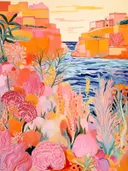 Schilderij van een Mediterraan kustdorp met zee en kleurrijke begroeiing.