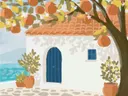 Illustratie van een mediterraans huis met blauwe deur onder een sinaasappelboom.