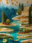 Getextureerd kunstwerk van een gouden mediterraan kustdorp aan turquoise water met cipressen en waterlelies