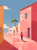 Mediterraans straatzicht met roze en oranje huizen, een wandelende man en een palmboom