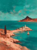 Schilderij: mediterrane baai in turkoois en koraal
