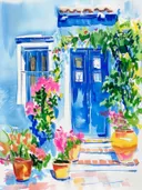 Mediterrane deur schilderij met bloempotten en klimplanten