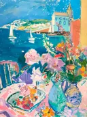 Schilderij van mediterrane haven met zeilboten en bloemen