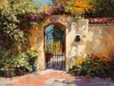 Schilderij van een mediterrane tuinpoort met bloeiende bougainville