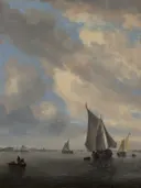 Meergezicht met zeilschepen van Salomon van Ruysdael: zee met zeilboten, meer, wolken en water, in gedempt grijsblauw