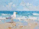 Schilderij van een meeuw aan een kalme turquoise zee