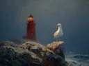 Schilderij van een meeuw bij een verlichte vuurtoren in de schemering