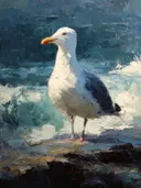 Close-up schilderij van een meeuw op een rots met brekende golven op de achtergrond