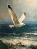 Schilderij van een zeemeeuw die vliegt in gouden avondlicht boven de oceaan