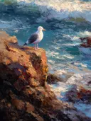 Schilderij van een zeemeeuw op een klif met woeste golven