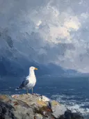 Schilderij van een meeuw op een rots met bewolkte lucht en zee op de achtergrond