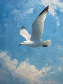 Schilderij van een vliegende zeemeeuw tegen een blauwe lucht met wolken