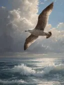 Schilderij van een meeuw met volledig gespreide vleugels boven zee