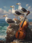 Schilderij van zeemeeuwen die duiken boven een turkooizen rotsachtige baai