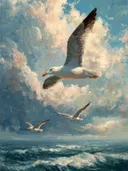 Surrealistisch schilderij van zeemeeuwen bij een cello op rotsen aan zee