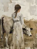 Schilderij van een meisje dat naast een koe staat in een weiland.