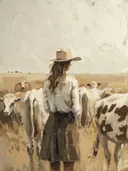 Schilderij van een meisje tussen koeien op de boerderij