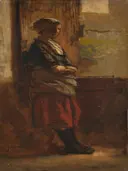 Meisje bij een deuropening van Jacob Maris: figuren met meisje, deuropening, rode rok en staand, in donkerbruin en rood