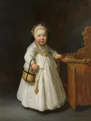 Meisje bij een kinderstoel van Govert Flinck: portret met kind, witte jurk, meisje en rammelaar, in donker met wit