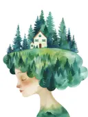 Surrealistische illustratie van een meisje met een dennenbos in haar haar, kinderkamer schilderij