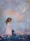 Schilderij van een meisje met een klein zwart hondje in een bloemenveld bij maanlicht