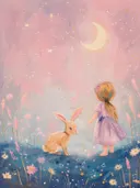 Schilderij van een meisje en een konijn in een bloemenveld met wassende maan