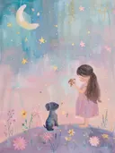 Illustratie van een meisje dat met een puppy speelt onder een sterrenhemel met maan