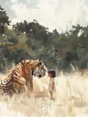 Meisje tegenover een tijger in een grasveld