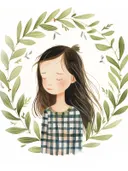 Illustratie van een meisje met gesloten ogen omringd door een bladerenkrans, kinderkamer schilderij
