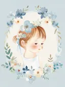 Aquarel portret van een meisje omringd door een krans van blauwe bloemen