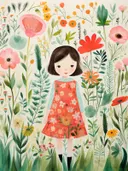 Portret van een meisje met kort donker haar in een rode bloemenjurk tussen wilde bloemen.