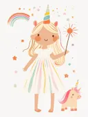 Meisje verkleed als eenhoorn met regenboog en toverstok