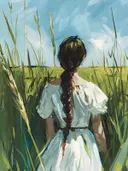 Schilderij van een meisje van achteren in een grasveld