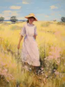Impressionistisch schilderij van een meisje met strohoed lopend door een geel korenveld met roze bloemen.