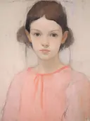 Tekening van een jong meisje met bruin haar in een roze blouse met strikje.