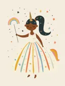 Meisje met eenhoornhoorn in een jurk met regenboogstrepen