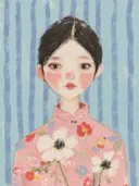 Meisje in roze bloemenjurk schilderij, geïllustreerd portret op blauwe achtergrond